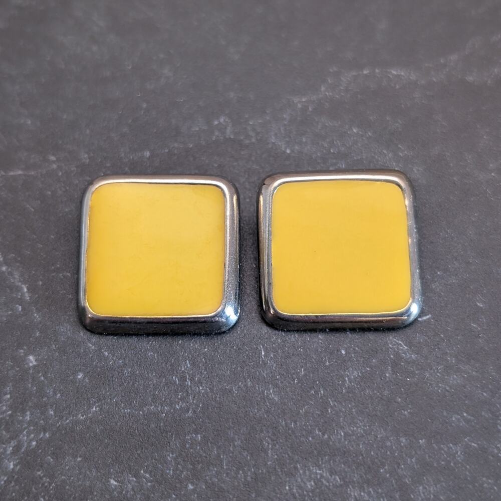 Vintage Clip On Earrings Large 1" Retro Yellow Square Statement 1970's